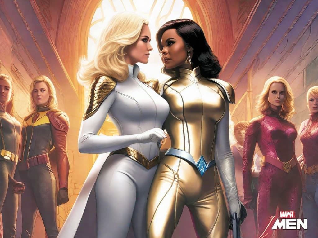  An image of Emma Frost and Kitty Pryde, standing back-to-back, exuding confidence. Frost is in her iconic white costume, with a diamond-like shimmer, while Pryde is phasing partially through a wall, her pet dragon Lockheed perched on her shoulder. The X-Men logo gleams above them.digital art, ilustration hyperrealistic, full body, detailed clothing, highly detailed, cinematic lighting, stunningly beautiful, intricate, sharp focus, f/1. 8, 85mm, (centered image composition), (professionally color graded), ((bright soft diffused light)), volumetric fog, trending on instagram, trending on tumblr, HDR 4K, 8K