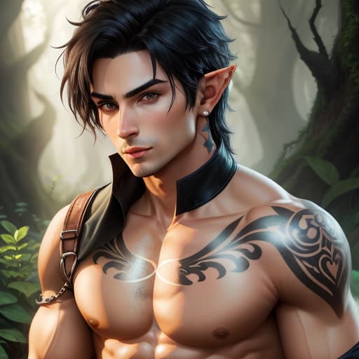  half-elf, male, ranger, short black hair, green eyes, tattoos, toned build, hyperrealistic, high quality, highly detailed, perfect lighting, intricate, sharp focus, f/1. 8, 85mm, (centered image composition), (professionally color graded), ((bright soft diffused light)), trending on instagram, HDR 4K, 8K