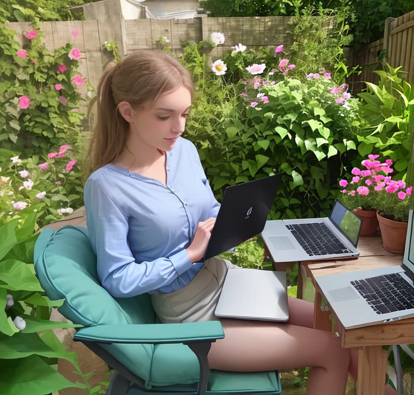  Beautiful girl sits working on the laptop in the garden