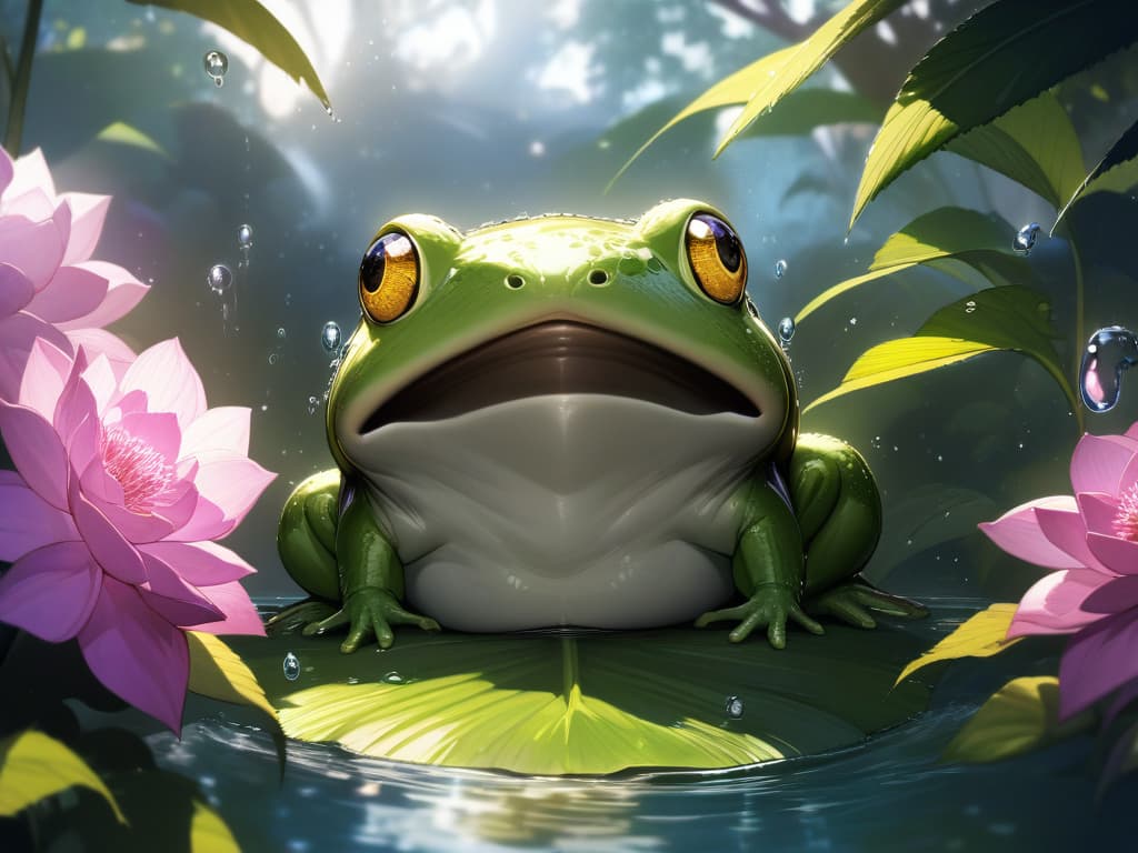  16k background,lifelike photogragh,adoption,incredibly absurdres,highres,superlative,best quality,adoption,ultra definition,absurdres absolutely resolution,8K,extremely beautiful illustration,absurdres insanely detailed CG,extremely aesthetic,clothes reflecting light,beautiful detailed glow,(frog focus,frog only),(no human:2) BREAK lotus,lotus leaf, ((Water droplets reflecting light)),beautiful colored hydrangea,(cute frog,solo),(A large drop of water falls on a frog's head and splashes out),, masterpiece, best quality,8k,ultra detailed,high resolution,an extremely delicate and beautiful,hyper detail