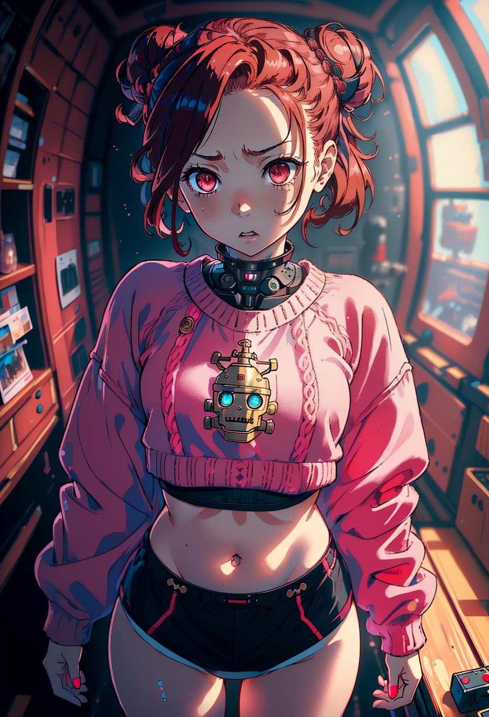  ((trending, highres, masterpiece, cinematic shot)), 1girl, chibi, female sweater, pirate ship scene, short wavy red hair, hair in a bun, narrow pink eyes, robotic personality, worried expression, fair skin, chaotic, clever