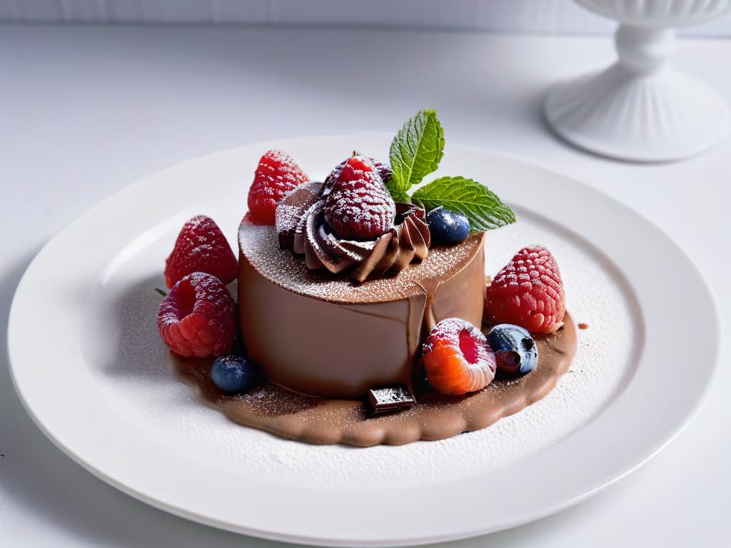  An ultradetailed image of an elegant and modern dessert plating, showcasing a sophisticated sugarfree chocolate mousse garnished with fresh raspberries and mint leaves. The dessert is presented on a sleek, white plate with minimalist design, emphasizing the artful arrangement and vibrant colors of the ingredients. The play of light and shadow adds depth to the image, highlighting the luxurious yet healthconscious nature of modern diabeticfriendly desserts. hyperrealistic, full body, detailed clothing, highly detailed, cinematic lighting, stunningly beautiful, intricate, sharp focus, f/1. 8, 85mm, (centered image composition), (professionally color graded), ((bright soft diffused light)), volumetric fog, trending on instagram, trending on tumblr, HDR 4K, 8K