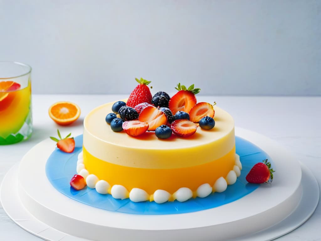  A photorealistic image of a vibrant and colorful array of healthy gelatin desserts placed elegantly on a marble countertop, showcasing various layers and textures, with fresh fruit garnishes and a soft focus background highlighting a modern kitchen setting. hyperrealistic, full body, detailed clothing, highly detailed, cinematic lighting, stunningly beautiful, intricate, sharp focus, f/1. 8, 85mm, (centered image composition), (professionally color graded), ((bright soft diffused light)), volumetric fog, trending on instagram, trending on tumblr, HDR 4K, 8K