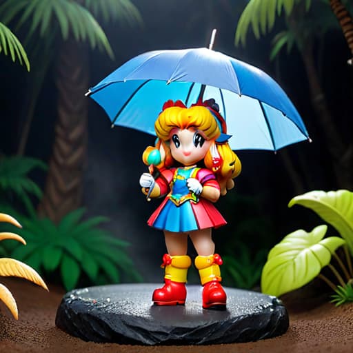  highly detailed clay model of Rainbow Brite holding an umbrella diorama hyperrealistic, full body, detailed clothing, highly detailed, cinematic lighting, stunningly beautiful, intricate, sharp focus, f/1. 8, 85mm, (centered image composition), (professionally color graded), ((bright soft diffused light)), volumetric fog, trending on instagram, trending on tumblr, HDR 4K, 8K