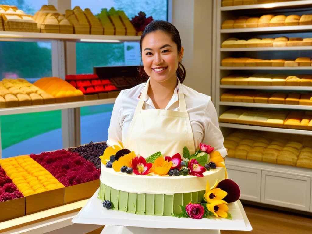  A photorealistic image of a skilled pastry chef in a sustainable bakery, meticulously crafting a stunning, intricately designed vegan cake adorned with fresh edible flowers and fruits. The chef, wearing a crisp white apron and focused expression, is surrounded by shelves of organic ingredients, ecofriendly packaging materials, and energyefficient baking equipment. The warm glow of sunlight streaming through a window highlights the vibrant colors of the dessert, exuding a sense of artistry and ecoconsciousness. hyperrealistic, full body, detailed clothing, highly detailed, cinematic lighting, stunningly beautiful, intricate, sharp focus, f/1. 8, 85mm, (centered image composition), (professionally color graded), ((bright soft diffused light)), volumetric fog, trending on instagram, trending on tumblr, HDR 4K, 8K