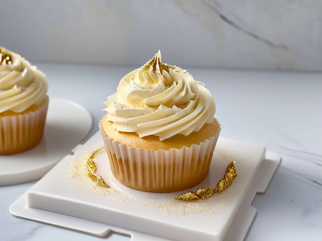  A closeup, ultradetailed image of a perfectly frosted cupcake with delicate swirls of pastelcolored buttercream, topped with a single shimmering gold leaf and a sprinkling of edible glitter. The cupcake sits on a sleek, white marble countertop, with soft natural light casting gentle shadows, highlighting every intricate detail of the frosting and the luxurious, elegant presentation. hyperrealistic, full body, detailed clothing, highly detailed, cinematic lighting, stunningly beautiful, intricate, sharp focus, f/1. 8, 85mm, (centered image composition), (professionally color graded), ((bright soft diffused light)), volumetric fog, trending on instagram, trending on tumblr, HDR 4K, 8K