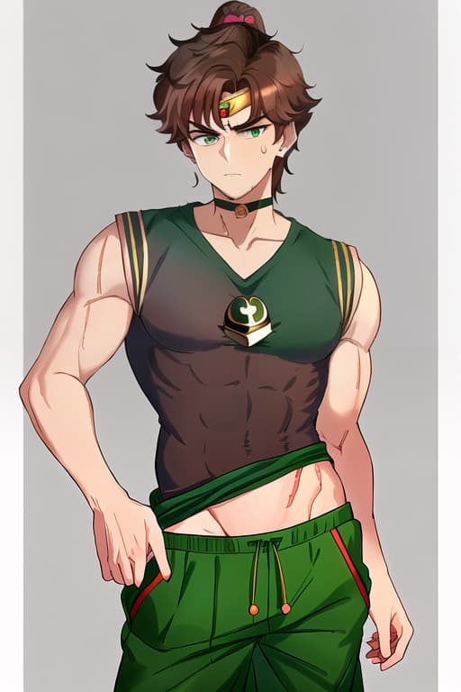  male,short dark brown fluffy hair,cold deep green eyes,stern expression,muscles,scar along nose,tall,compression t shirt,red baggy sweatpants.,(sailor jupiter:1.3), (masterpiece), (highest quality), (intricate), (high detail)