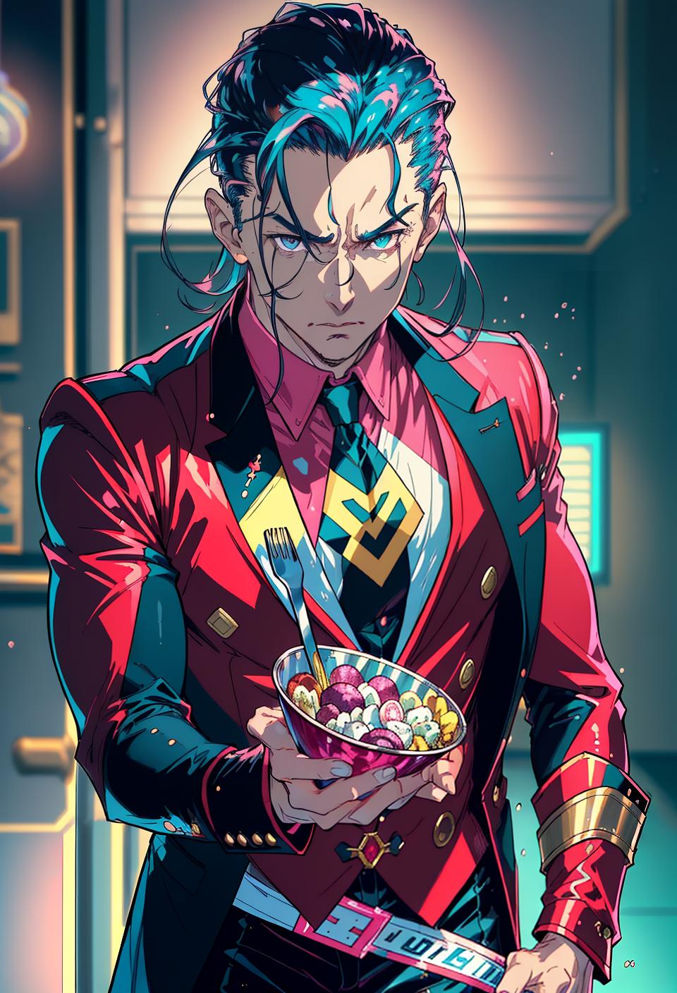  ((trending, highres, masterpiece, cinematic shot)), 1boy, mature, male superhero outfit, eating food, very long straight aqua hair, hair slicked back, large pink eyes, high class, elegant personality, mischievous expression, tanned skin, orderly, lucky