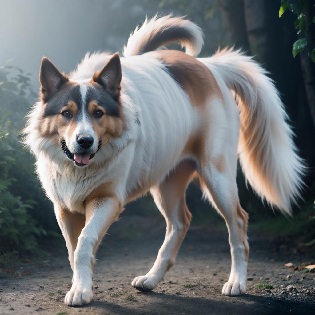  Create a image of dog hyperrealistic, full body, detailed clothing, highly detailed, cinematic lighting, stunningly beautiful, intricate, sharp focus, f/1. 8, 85mm, (centered image composition), (professionally color graded), ((bright soft diffused light)), volumetric fog, trending on instagram, trending on tumblr, HDR 4K, 8K