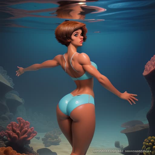  tanned woman with short hair walking underwater she looks up her arms are reach up her giant muscular booty and legs are very heavy view from the back