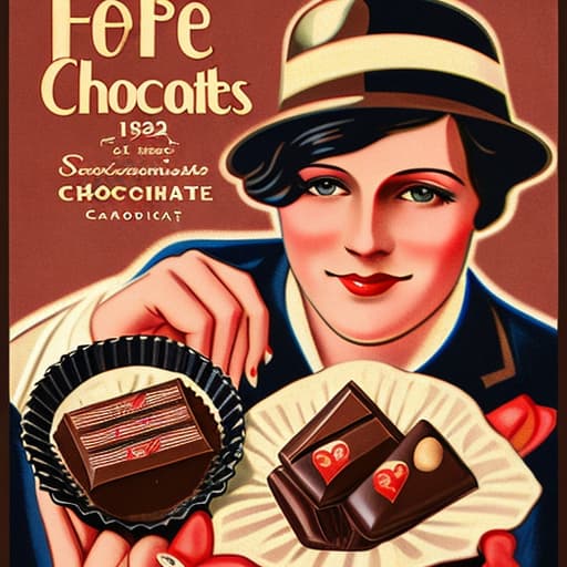  Vintage 1920’s chocolate advertising posters with a romantic couple. Foreground, pieces of fine dark chocolate in candy cups