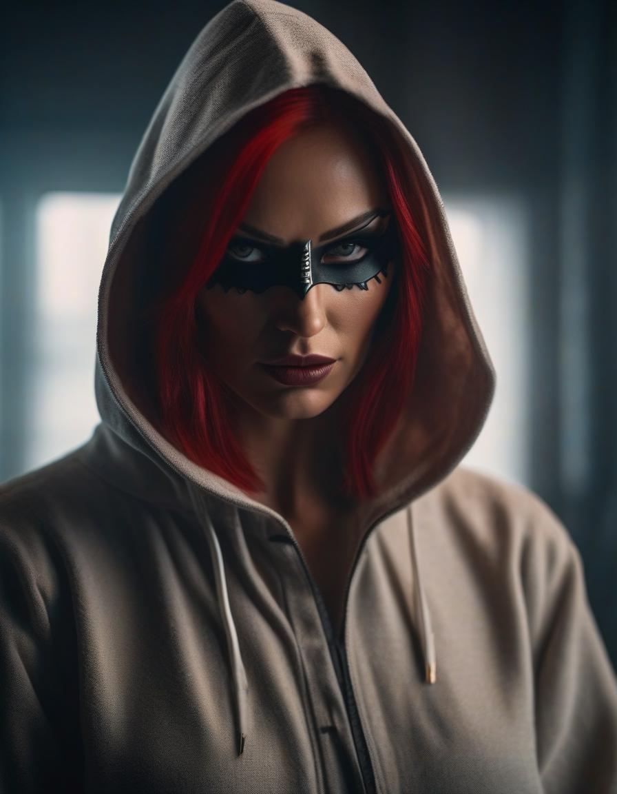  cinematic film still A girl in a hood, a knife near her face, reflections of a psychopath in the mask in the knife, the girl's face is not visible, a strand of red hair is visible, realistic, 4K. . shallow depth of field, vignette, highly detailed, high budget, bokeh, cinemascope, moody, epic, gorgeous, film grain, grainy hyperrealistic, full body, detailed clothing, highly detailed, cinematic lighting, stunningly beautiful, intricate, sharp focus, f/1. 8, 85mm, (centered image composition), (professionally color graded), ((bright soft diffused light)), volumetric fog, trending on instagram, trending on tumblr, HDR 4K, 8K