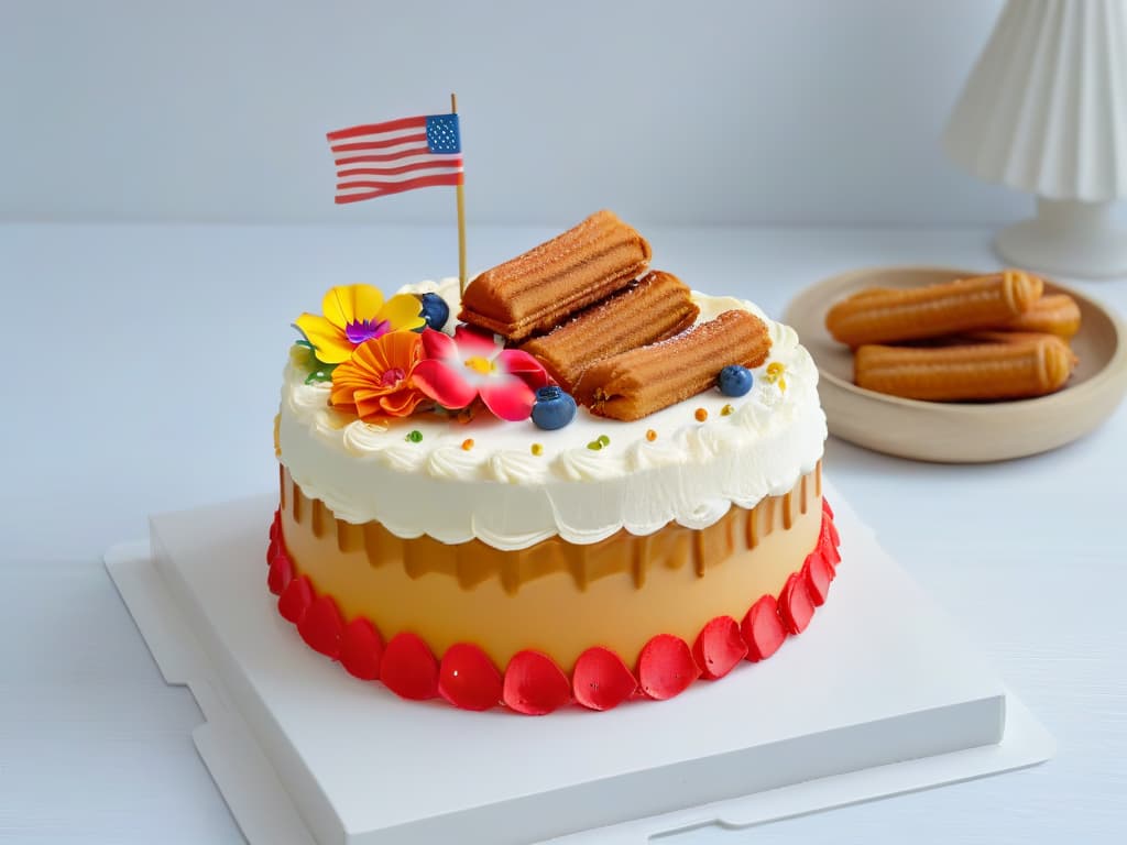  An intricately detailed photorealistic image of a vibrant and colorful threetiered cake that seamlessly combines traditional Latin American dessert elements like dulce de leche, churros, and tres leches with modern cake decorating techniques. The cake is adorned with intricate sugar flowers in bright hues representing various Latin American flags, creating a stunning fusion of flavors and cultures. hyperrealistic, full body, detailed clothing, highly detailed, cinematic lighting, stunningly beautiful, intricate, sharp focus, f/1. 8, 85mm, (centered image composition), (professionally color graded), ((bright soft diffused light)), volumetric fog, trending on instagram, trending on tumblr, HDR 4K, 8K