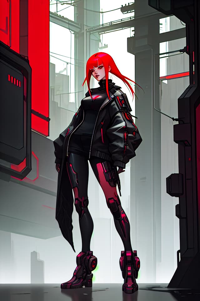  Beautiful , whole body image, standing in front, inner color hair, , woman, cyberpunk, red, 