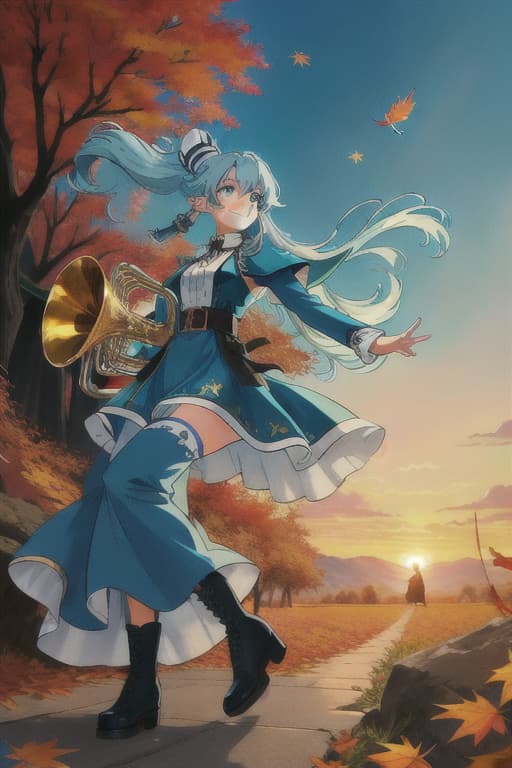  Elf, smiling, light blue hair, long hair, dress, boots, trumpet, playing 🎺, autumn leaves, sunset,