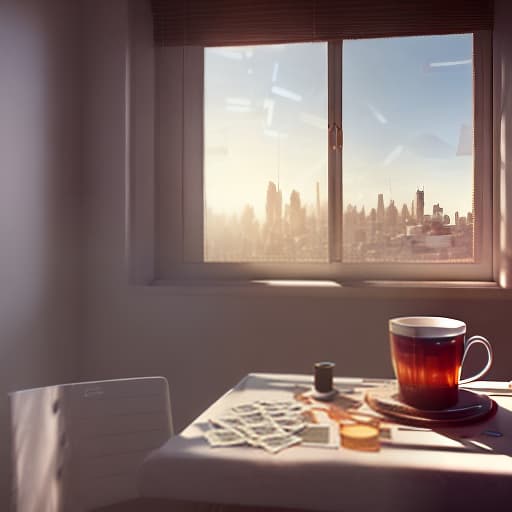 redshift style Futuristic style. Deck of cards and cup of tea over white table. Sunset through a window with a city view. White and soft tones.