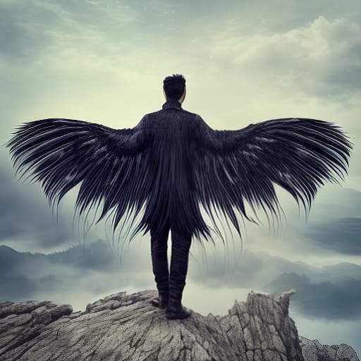 dublex style A handsome male vampire with long flowing black feathered wings protruding from his back. Hyper-realistic, vivid, award winning image, Artstation trending, insanely detailed, masterpiece.