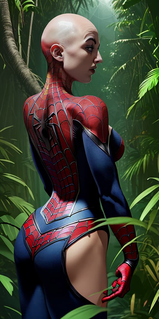  bald-girl, in a spider-man costume, with her back, in the jungle