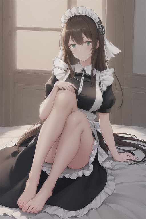  (score 9,score 8 up,score 7 up,),1girl,solo,maid,maid headdress,looking at viewer,apron,brown hair,indoors,black hair,bare foot,feet focus,two feet hyperrealistic, full body, detailed clothing, highly detailed, cinematic lighting, stunningly beautiful, intricate, sharp focus, f/1. 8, 85mm, (centered image composition), (professionally color graded), ((bright soft diffused light)), volumetric fog, trending on instagram, trending on tumblr, HDR 4K, 8K