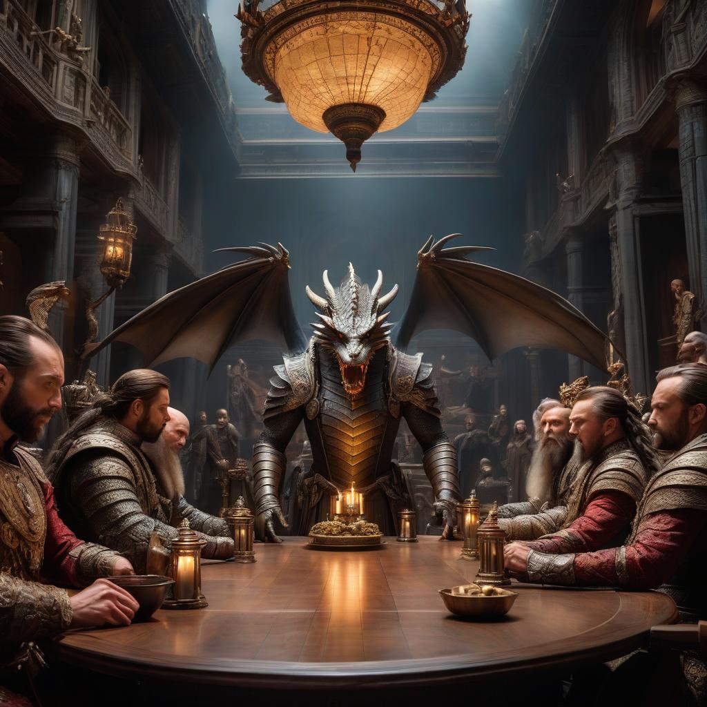  12 dragon apostles at the table; the hall of the museum hyperrealistic, full body, detailed clothing, highly detailed, cinematic lighting, stunningly beautiful, intricate, sharp focus, f/1. 8, 85mm, (centered image composition), (professionally color graded), ((bright soft diffused light)), volumetric fog, trending on instagram, trending on tumblr, HDR 4K, 8K