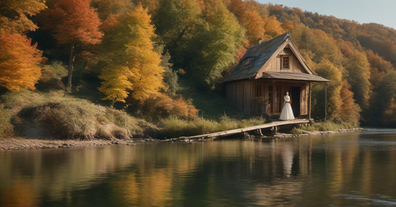  Autumn. A small wooden house. A girl with long hair in a dress and a man walking along the river. hyperrealistic, full body, detailed clothing, highly detailed, cinematic lighting, stunningly beautiful, intricate, sharp focus, f/1. 8, 85mm, (centered image composition), (professionally color graded), ((bright soft diffused light)), volumetric fog, trending on instagram, trending on tumblr, HDR 4K, 8K