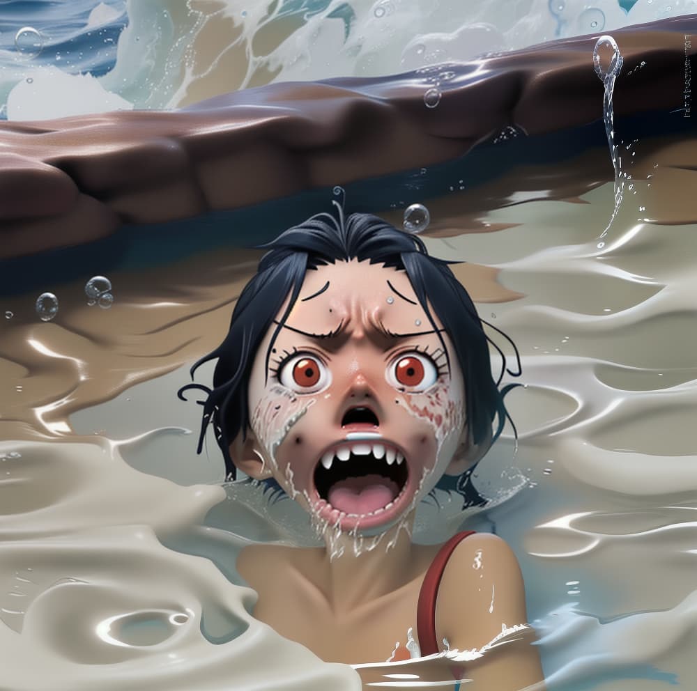  tanned Luffy drowning in the water he's screaming and panic a lot of water waves splashes and bubbles around her