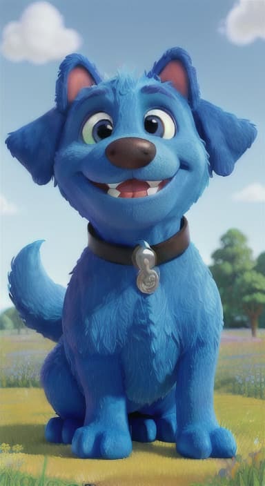  {A happy, big blue dog wagging its tail in a colorful meadow, The big blue dog is large with sky blue fur, big round eyes, a black nose, and floppy ears.