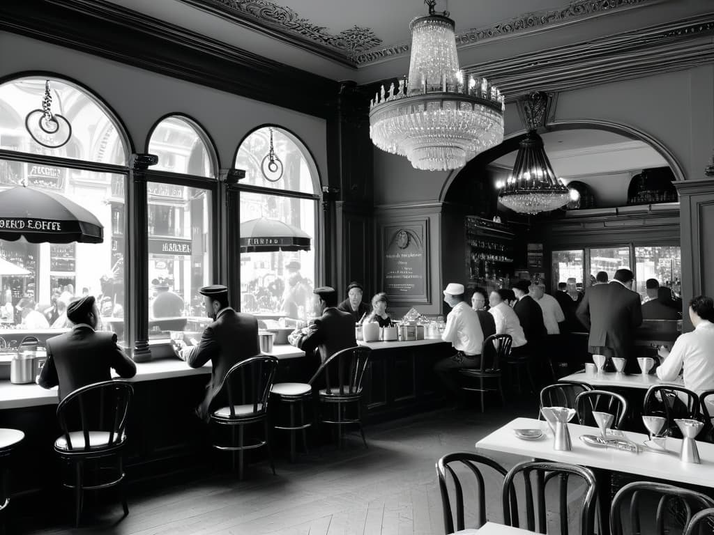  An intricately designed blackandwhite sketch showcasing a bustling 19thcentury European café scene. The image features elegantly dressed patrons enjoying coffee and pastries at small, ornate tables. Baristas in classic attire can be seen skillfully brewing coffee behind a sleek counter adorned with delicate pastries. The café interior is adorned with vintage decor, from ornate chandeliers to intricate woodwork, capturing the essence of a sophisticated European coffeehouse from the 1800s. hyperrealistic, full body, detailed clothing, highly detailed, cinematic lighting, stunningly beautiful, intricate, sharp focus, f/1. 8, 85mm, (centered image composition), (professionally color graded), ((bright soft diffused light)), volumetric fog, trending on instagram, trending on tumblr, HDR 4K, 8K