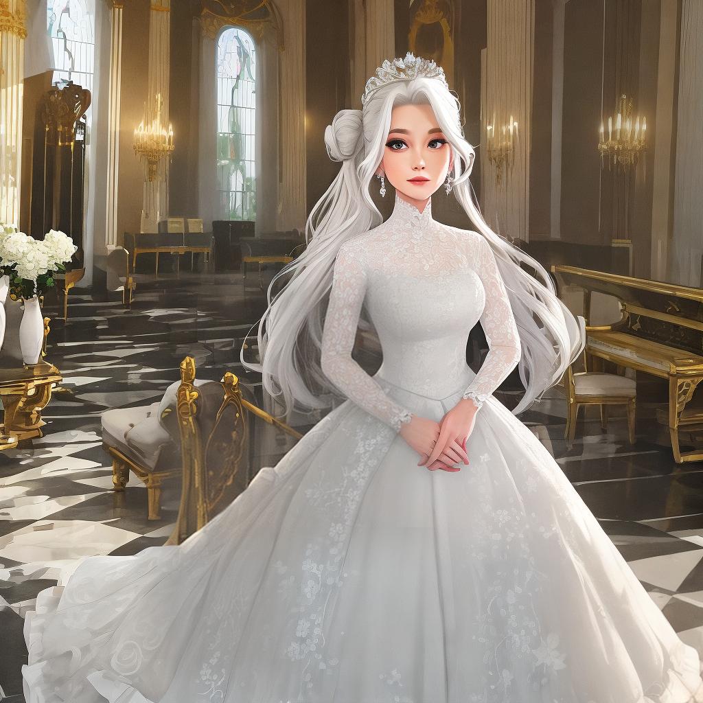  masterpiece, best quality,queen,(white hair:0.8),updo,lucency full dress,