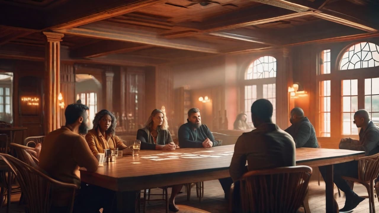  Create an image showing a group of people at tables with decks of cards, score sheets, and a bracket system for a card game tournament. Include players strategizing and competing. Image style=Isometric hyperrealistic, full body, detailed clothing, highly detailed, cinematic lighting, stunningly beautiful, intricate, sharp focus, f/1. 8, 85mm, (centered image composition), (professionally color graded), ((bright soft diffused light)), volumetric fog, trending on instagram, trending on tumblr, HDR 4K, 8K