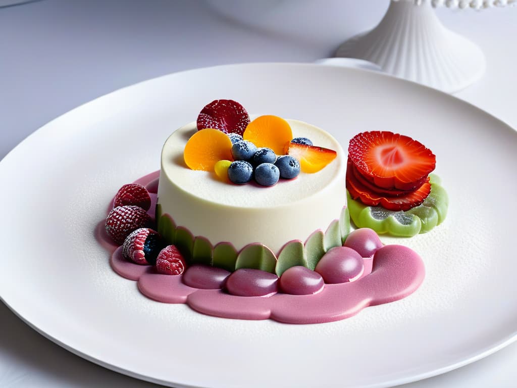  A closeup, ultradetailed image of a cuttingedge molecular gastronomy dessert on a sleek, minimalist plate. The dessert features a vibrant colorchanging element, with intricate molecular structures visible in the food components. The lighting is soft yet highlighting the colors and textures, creating a visually striking and modern aesthetic. hyperrealistic, full body, detailed clothing, highly detailed, cinematic lighting, stunningly beautiful, intricate, sharp focus, f/1. 8, 85mm, (centered image composition), (professionally color graded), ((bright soft diffused light)), volumetric fog, trending on instagram, trending on tumblr, HDR 4K, 8K