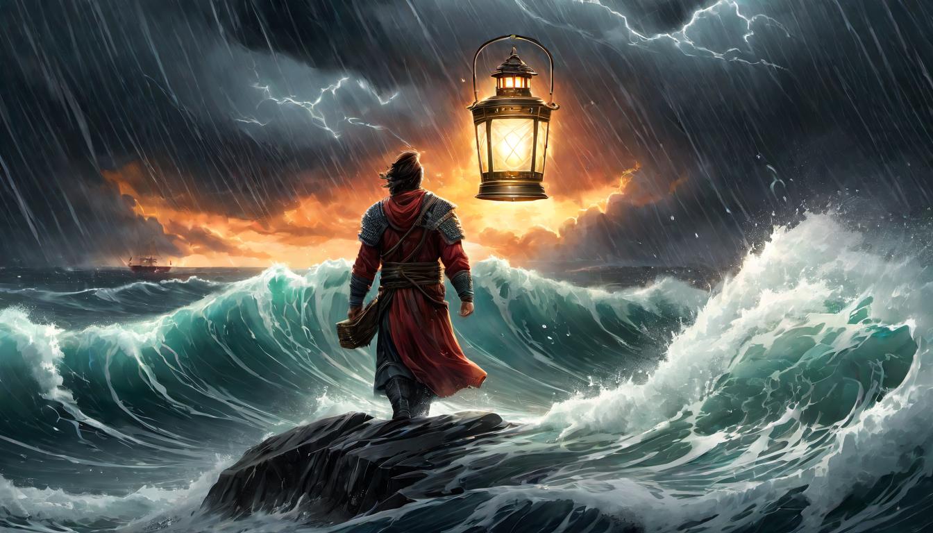  digital illustration A lantern held high in a storm, guiding through a tumultuous sea of data, offering clarity and stability, hopeful, illuminating. looking at viewer, dynamic pose, (intricate details, masterpiece, best quality)