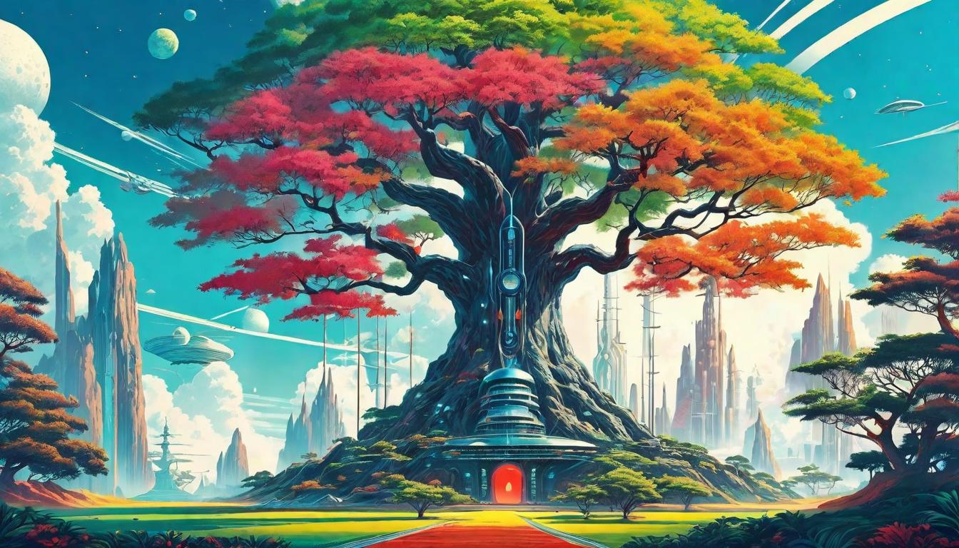  retro futuristic A tree standing tall, roots and branches intertwined with symbols of life, growth through insight, nurturing the soul, testament to evolution, anchor of being lvintage sci fi, 50s and 60s style, atomic age, vibrant, highly detailed