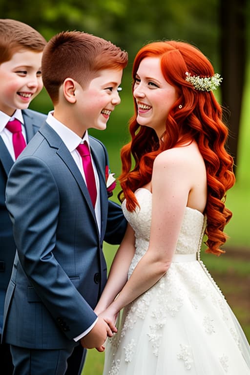  A beautiful redhead girl is smiling as she sees her best friend getting married to her brother and younger brother frowing