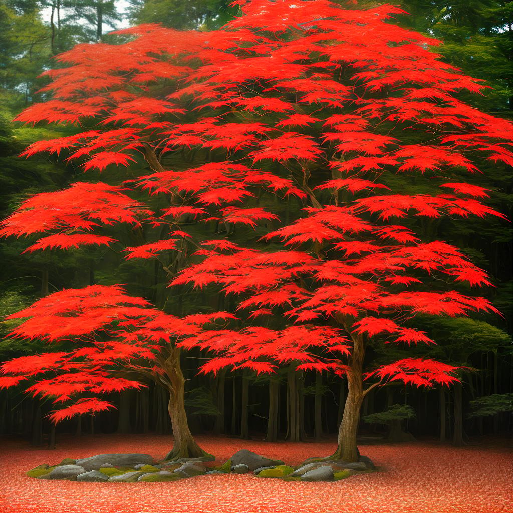  ((masterpiece)),(((best quality))), 8k, high detailed, ultra-detailed. An elegant Japanese maple tree with fiery red foliage. hyperrealistic, full body, detailed clothing, highly detailed, cinematic lighting, stunningly beautiful, intricate, sharp focus, f/1. 8, 85mm, (centered image composition), (professionally color graded), ((bright soft diffused light)), volumetric fog, trending on instagram, trending on tumblr, HDR 4K, 8K