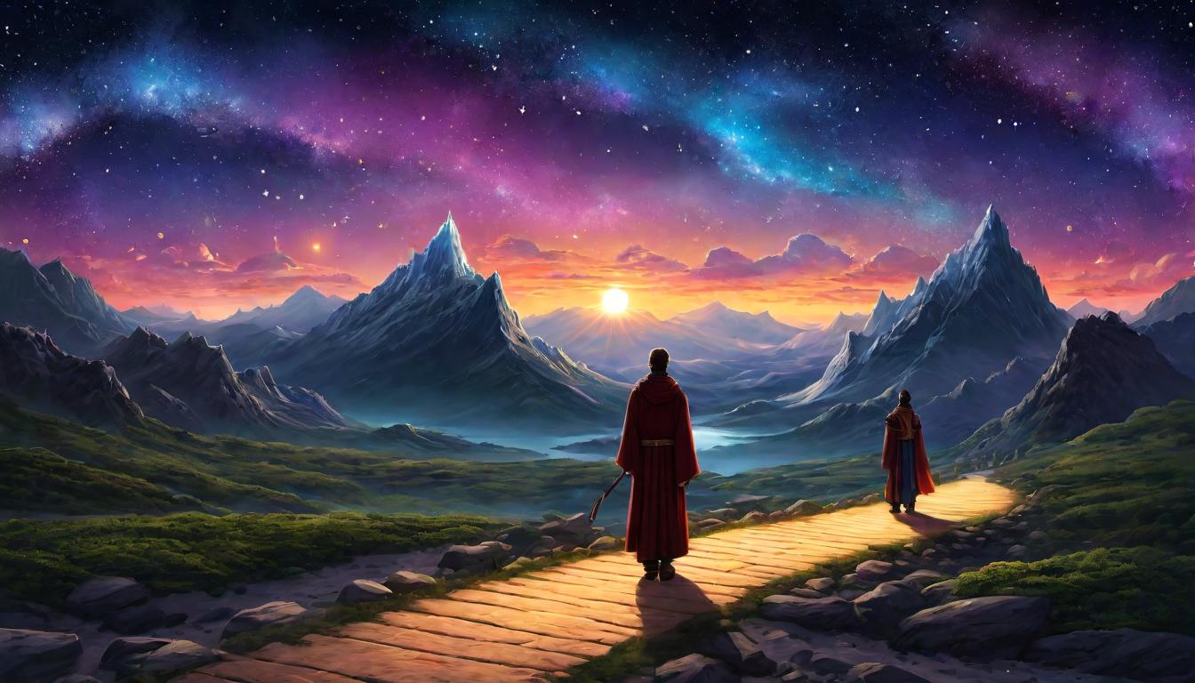  digital illustration A pathway lit by stars, leading a procession of healers towards a glowing horizon, leadership, guided journey, transformative purpose looking at viewer, dynamic pose, (intricate details, masterpiece, best quality)