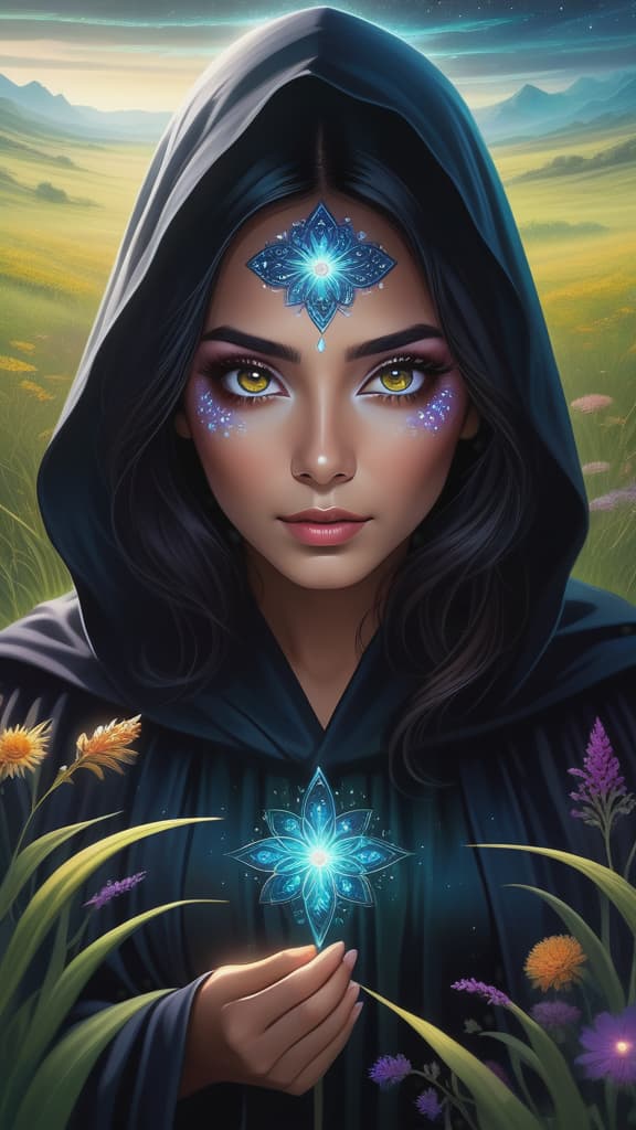  hispanic woman wearing dark robes in a meadow, hyper detailed colored captivating eyes, photo RAW,HD,8K, (Ultra detailed illustration of a person lost in a magical world of wonders, glowy, incredibly detailed, night, ( add depth, Hyperdetailed,hyper realistic background:1.5), bioluminescence, ultrarealistic, hyperrealistice:  (shiny aura, highly detailed, intricate motifs, perfect composition, smooth, sharp focus, sparkling particles, background Realistic, In a captivating art piece, a whimsical virtual regal amoeba blob creature takes center stage, This vibrant  image showcases a charming and charismatic character, reminiscent of a blob-like organism. The virtual creation is brought to life with vivid colors and impeccable detailing, captu