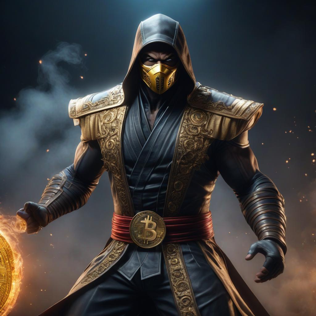  Bitcoin Mortal Kombat 2 hyperrealistic, full body, detailed clothing, highly detailed, cinematic lighting, stunningly beautiful, intricate, sharp focus, f/1. 8, 85mm, (centered image composition), (professionally color graded), ((bright soft diffused light)), volumetric fog, trending on instagram, trending on tumblr, HDR 4K, 8K