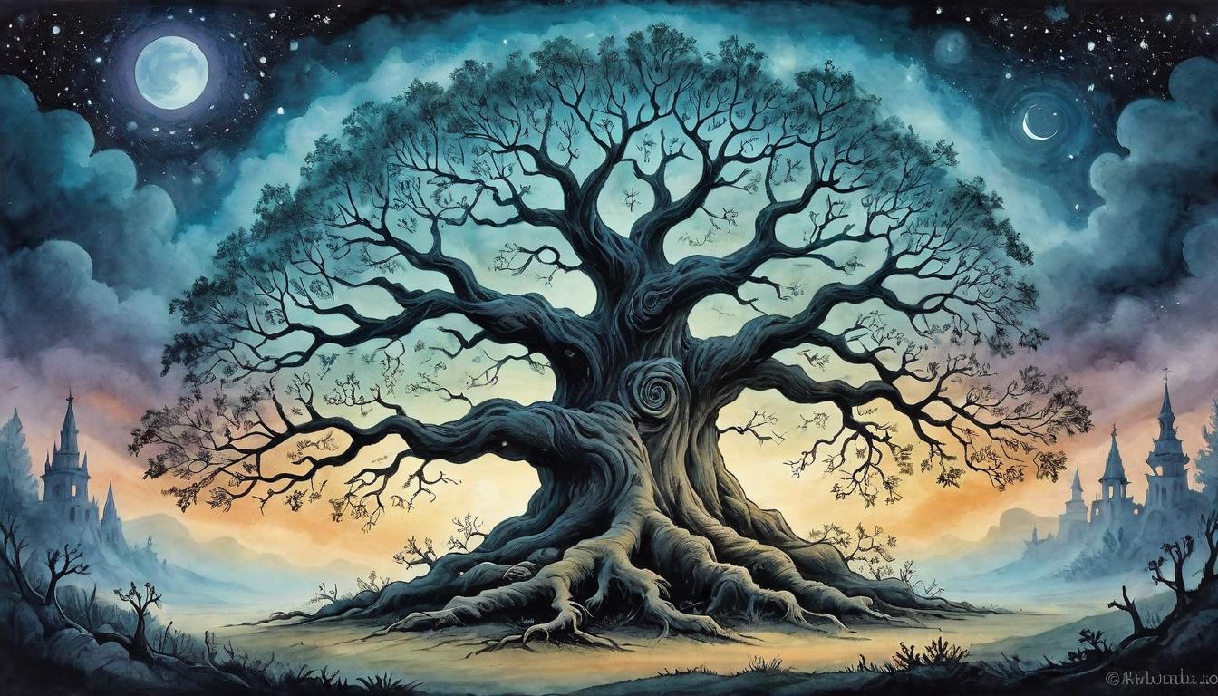  on parchment, surrealism+++, A mystical ancient tree under a twilight sky, roots glowing with ethereal light, luminous aura surrounding the tree, celestial energy flowing, protective, enduring, otherworldly(mysterious, provocative, symbolic,muted color)+++