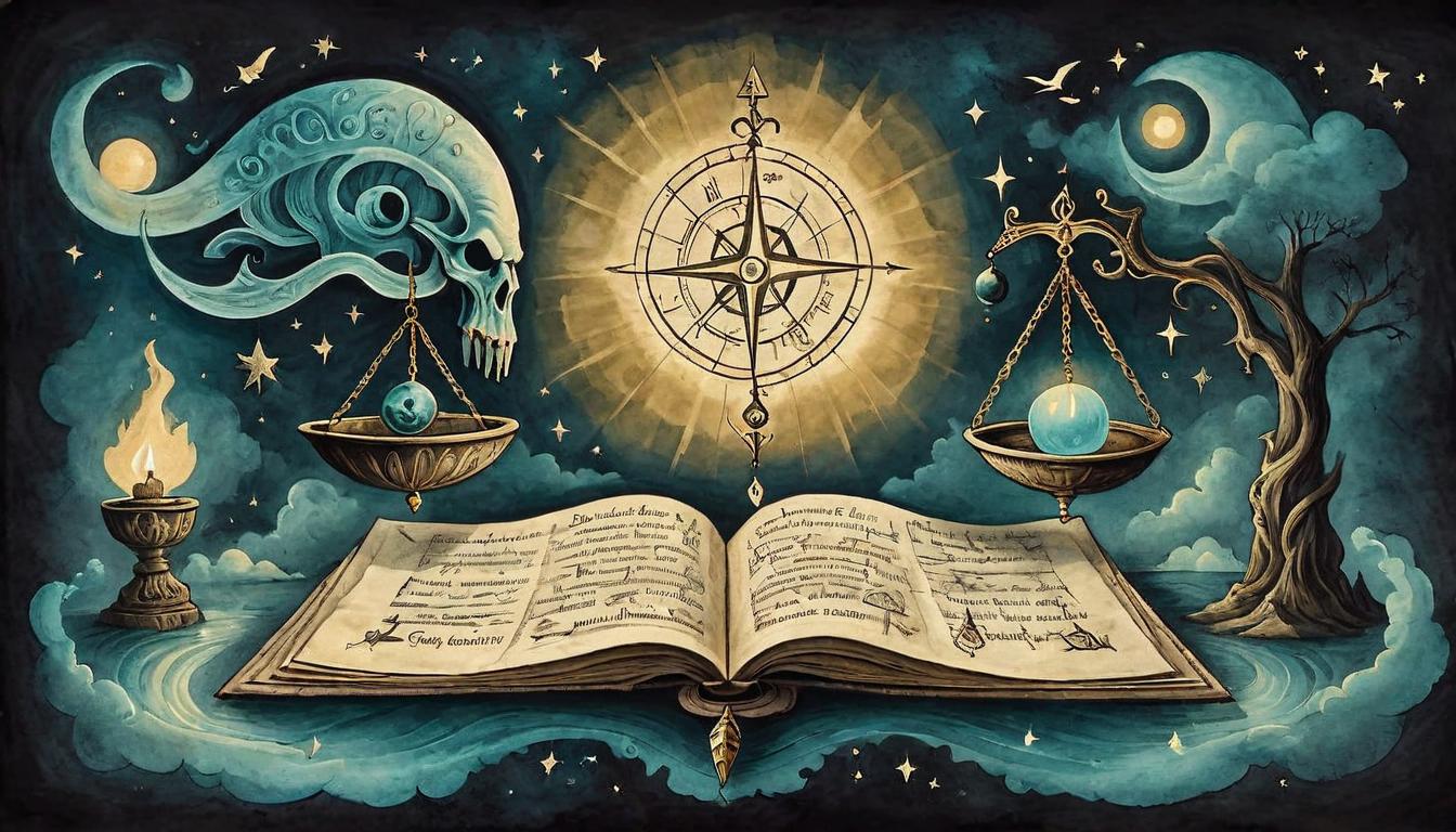  on parchment, surrealism+++, A scale with faith on one side and envy on the other, glowing brightly with faith outweighing envy, dark background, symbols of balance(mysterious, provocative, symbolic,muted color)+++