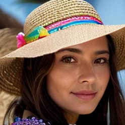  "A close up portrait of a young woman with a calm and composed expression. She is wearing a wide brimmed straw hat decorated with a small, colorful ribbon and beads. She has smooth, fair skin and long, brown hair that falls naturally. The background suggests an outdoor setting with soft, natural lighting, highlighting her facial features. The overall mood is relaxed and sophisticated."  hyperrealistic, full body, detailed clothing, highly detailed, cinematic lighting, stunningly beautiful, intricate, sharp focus, f/1. 8, 85mm, (centered image composition), (professionally color graded), ((bright soft diffused light)), volumetric fog, trending on instagram, trending on tumblr, HDR 4K, 8K