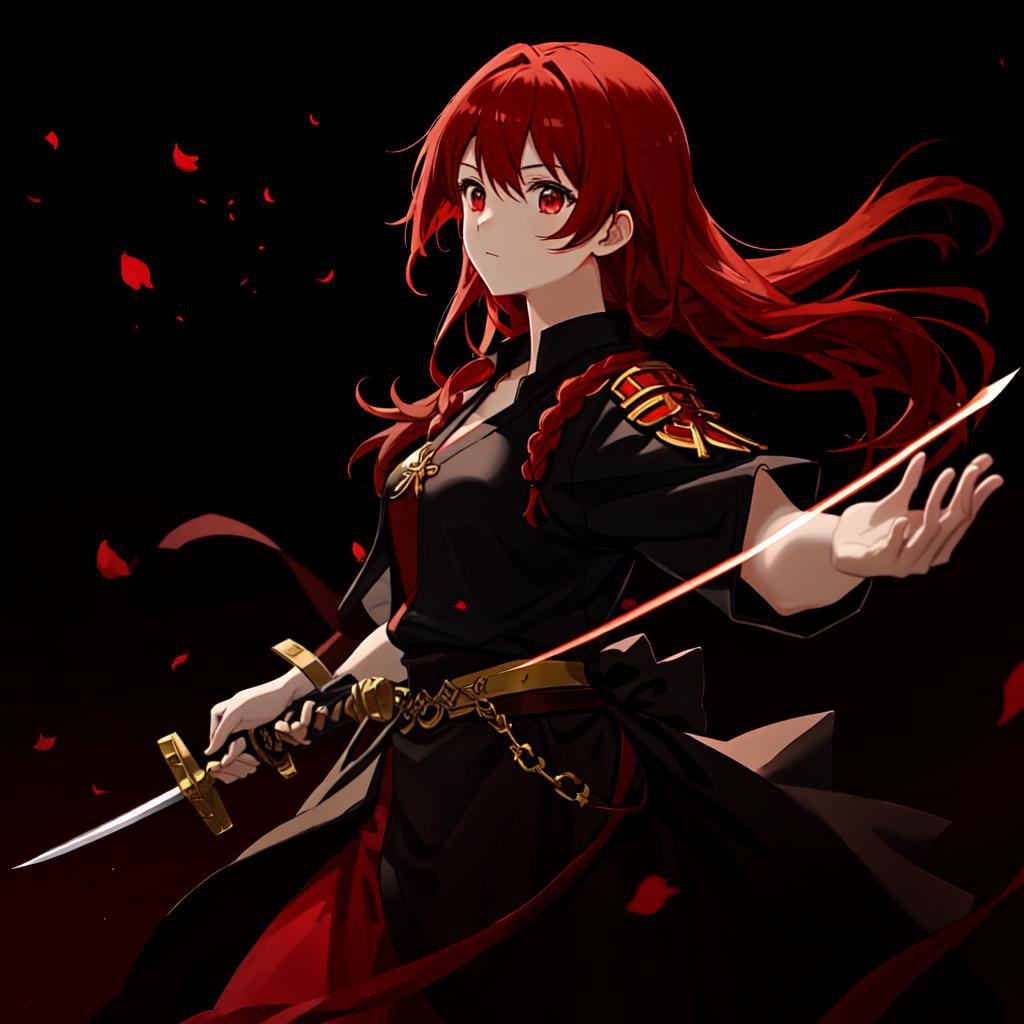  in an anime style, girl, beautiful, ancient clothing,red hair, holding twin swords,dark background with lightening