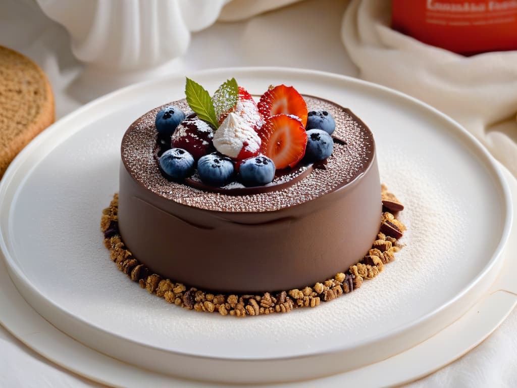  A closeup, ultradetailed image of a rich, dark chocolate mousse elegantly layered with quinoa grains on top, showcasing the contrasting textures and colors. The mousse is perfectly smooth and glossy, with a sprinkle of cocoa powder for decoration, set against a simple, white ceramic plate to emphasize the luxurious yet healthy nature of the dessert. hyperrealistic, full body, detailed clothing, highly detailed, cinematic lighting, stunningly beautiful, intricate, sharp focus, f/1. 8, 85mm, (centered image composition), (professionally color graded), ((bright soft diffused light)), volumetric fog, trending on instagram, trending on tumblr, HDR 4K, 8K