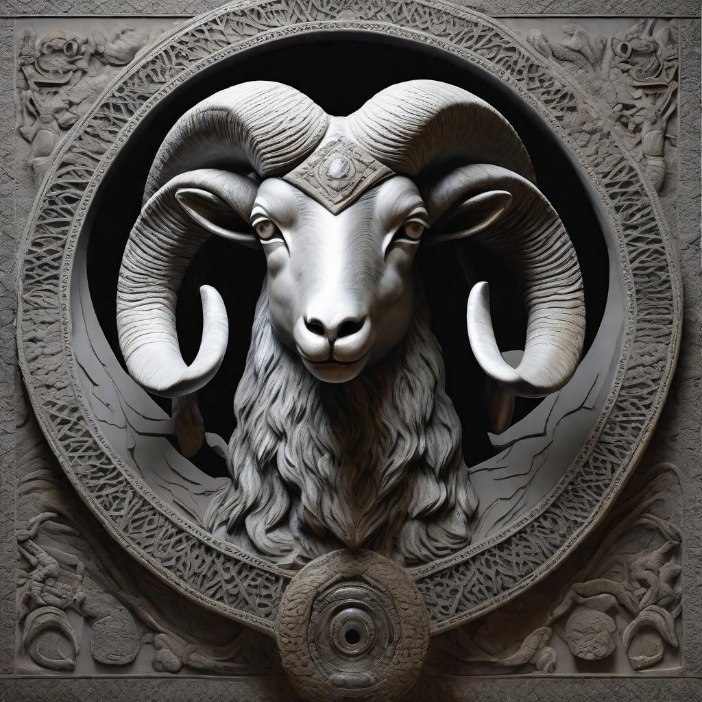  masterpiece, best quality, In a dimly lit room filled with ancient artifacts, a striking black and grey Aries ram takes center stage. Its regal crown glimmers under the spotlight, symbolizing authority and strength. The all-seeing eye, meticulously crafted, emanates an aura of mystery and wisdom. The room is adorned with tapestries depicting celestial patterns, adding an otherworldly atmosphere to the scene. The mood is solemn yet captivating, invoking a sense of reverence and awe. The artwork is a detailed sculpture, with intricate textures and lifelike details. The lighting is dramatic, with focused spotlights highlighting the ram and casting deep shadows, enhancing the mysterious ambiance. The realization is done using a high-resolution 