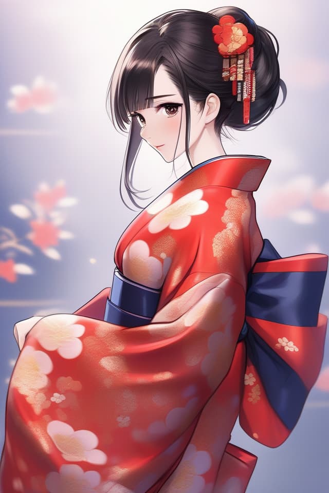  (FULL BODY Illustration) (Beautiful Kimono), JAPANESE GEISHA, CHIC KIMONO, Masterpiece, SHINY BLACK HAIR, PROFILE, Red Kimono withis Pattern Navy Blue Obi, High Quality, 8k