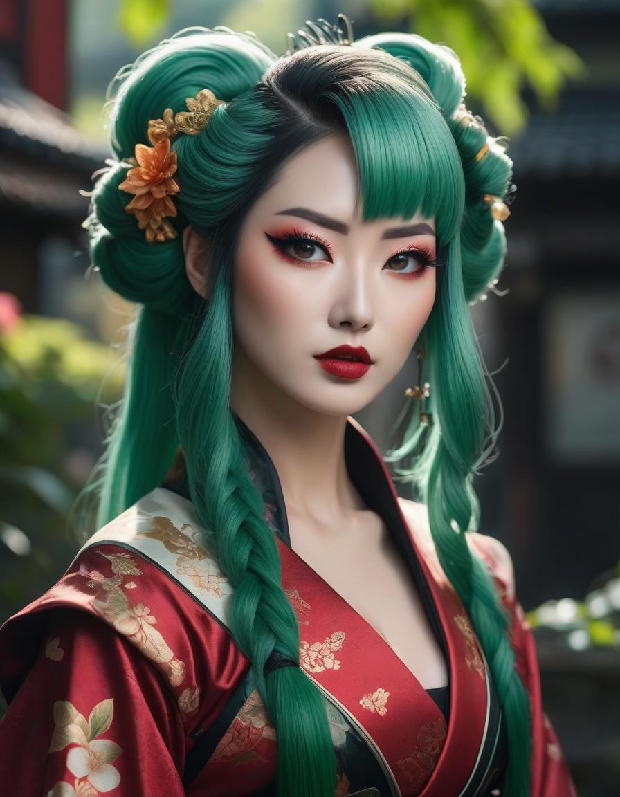  kawaii style Gorgeous fluid, realistic and intricate, high definition portrait of a Gothic Geisha with realistic, clear eyes and detailed green hair, high resolution, photorealistic, Nikon Z9, 85mm F1.2, DOF, sharp focus very detailed and extremely beautiful. Intricate photorealistic 8k winning photography masterpiece, ultra detailed high definition sharp quality focused in hdr Ultra realistic, HR Ginger . cute, adorable, brightly colored, cheerful, anime influence, highly detailed hyperrealistic, full body, detailed clothing, highly detailed, cinematic lighting, stunningly beautiful, intricate, sharp focus, f/1. 8, 85mm, (centered image composition), (professionally color graded), ((bright soft diffused light)), volumetric fog, trending on instagram, trending on tumblr, HDR 4K, 8K