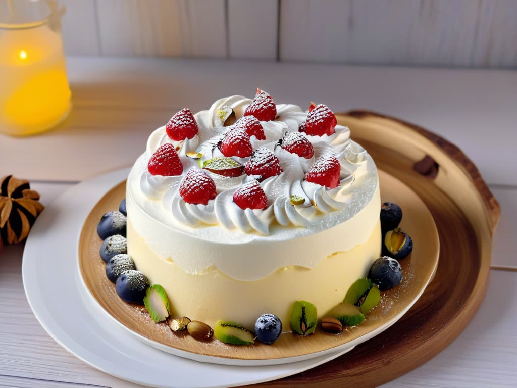  A closeup, photorealistic image of a decadent dessert plate elegantly presented on a wooden table. The dessert features a beautifully crafted swirl of fluffy white meringue topped with vibrant, fresh berries and a sprinkle of crushed pistachios. The meringue is perfectly golden brown and delicately caramelized, exuding a sweet aroma that seems to waft off the page. The glossy berries glisten under soft ambient lighting, adding a pop of color to the scene. The background is softly blurred to emphasize the intricate details of the dessert, inviting the viewer to indulge in its sweet simplicity. hyperrealistic, full body, detailed clothing, highly detailed, cinematic lighting, stunningly beautiful, intricate, sharp focus, f/1. 8, 85mm, (centered image composition), (professionally color graded), ((bright soft diffused light)), volumetric fog, trending on instagram, trending on tumblr, HDR 4K, 8K