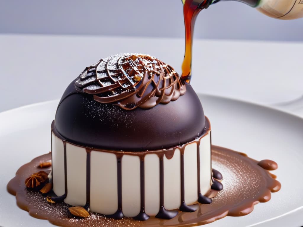  A closeup, ultradetailed image of a perfectly tempered dark chocolate sphere being delicately drizzled with a molecular gastronomyinspired chocolate sauce, set against a sleek, white background. The glossy sphere reflects the intricate patterns of the sauce, showcasing the precise and innovative techniques used in molecular gastronomy applied to chocolate confectionery. hyperrealistic, full body, detailed clothing, highly detailed, cinematic lighting, stunningly beautiful, intricate, sharp focus, f/1. 8, 85mm, (centered image composition), (professionally color graded), ((bright soft diffused light)), volumetric fog, trending on instagram, trending on tumblr, HDR 4K, 8K