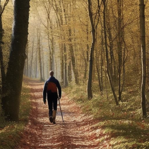  chemin au milieu de la forêt en automne, un homme marche tout seul