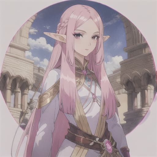  master piece , best quality,Pink hair, straight long hair, elven female, dignified, slender, eye shadow, holding a bow.